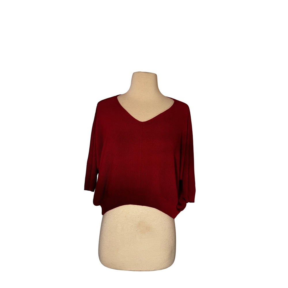 Joyfunear Women Red V-Neck Dolman Sleeve Cropped Knit Sweater Oversized Boxy Fit